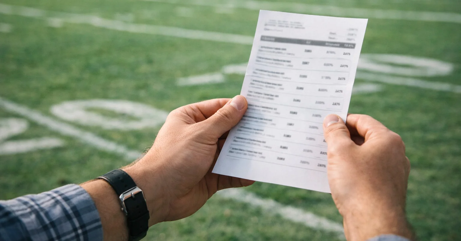 Person holding sports betting ticket with football field in background
