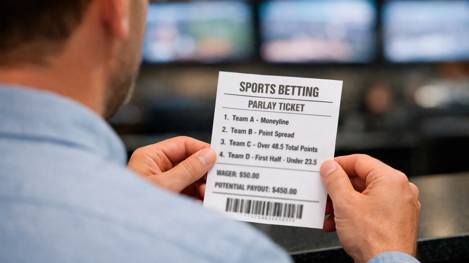 Bettor reviewing parlay ticket showing multiple NFL team picks