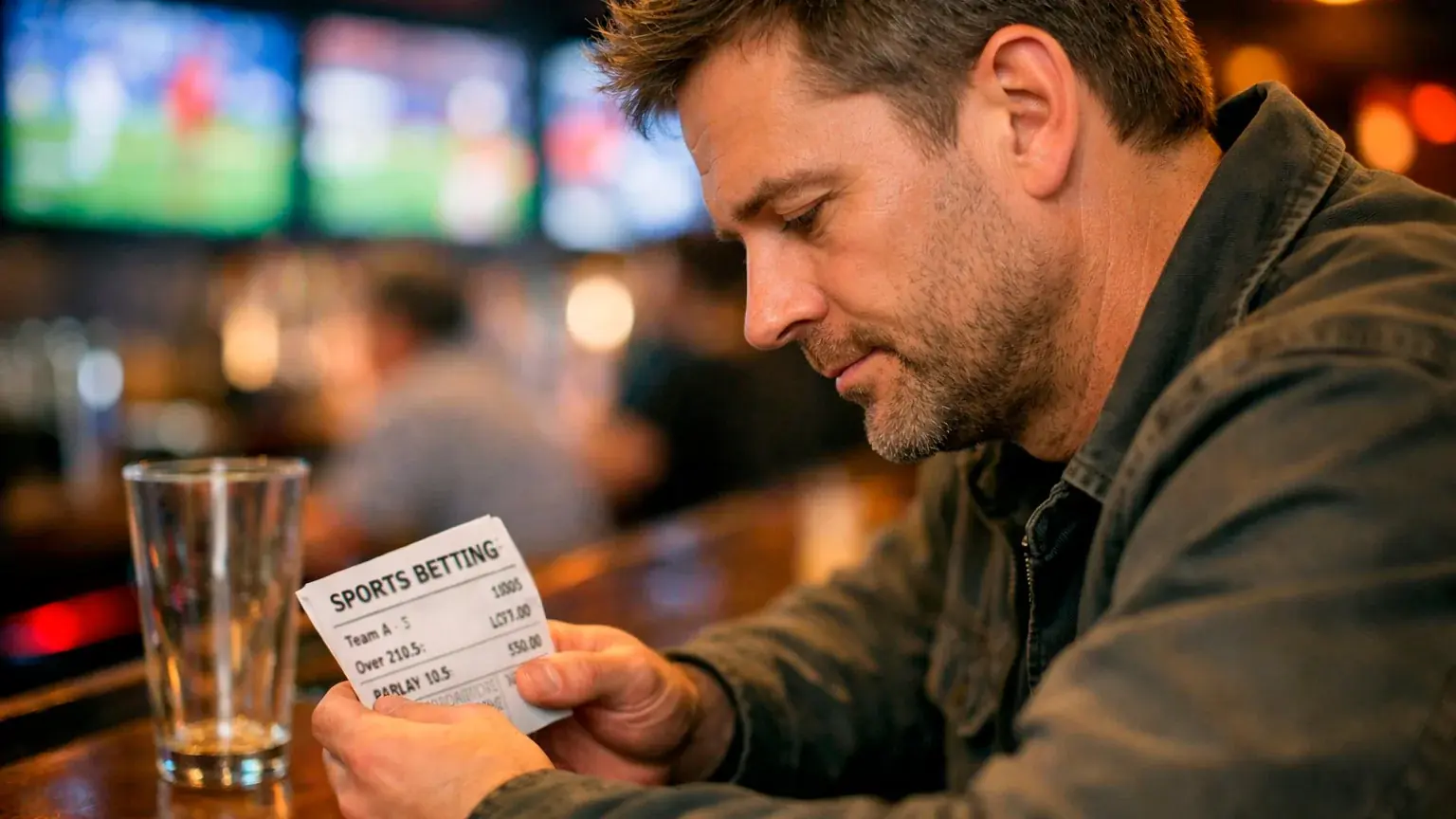 Frustrated bettor holding losing parlay ticket at sports bar