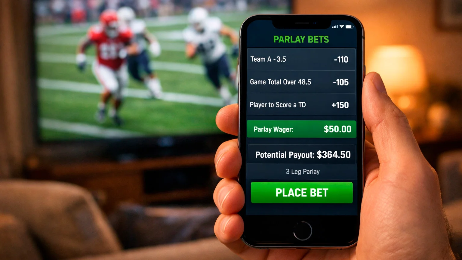 Mobile phone displaying same game parlay options during NFL broadcast