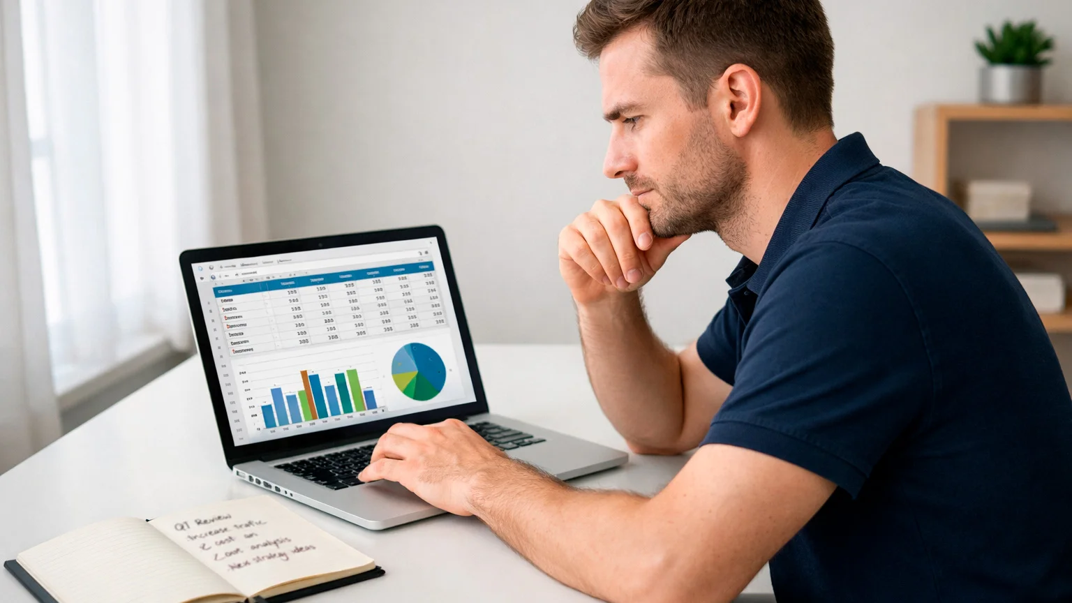 Focused sports analyst studying NFL game statistics on laptop