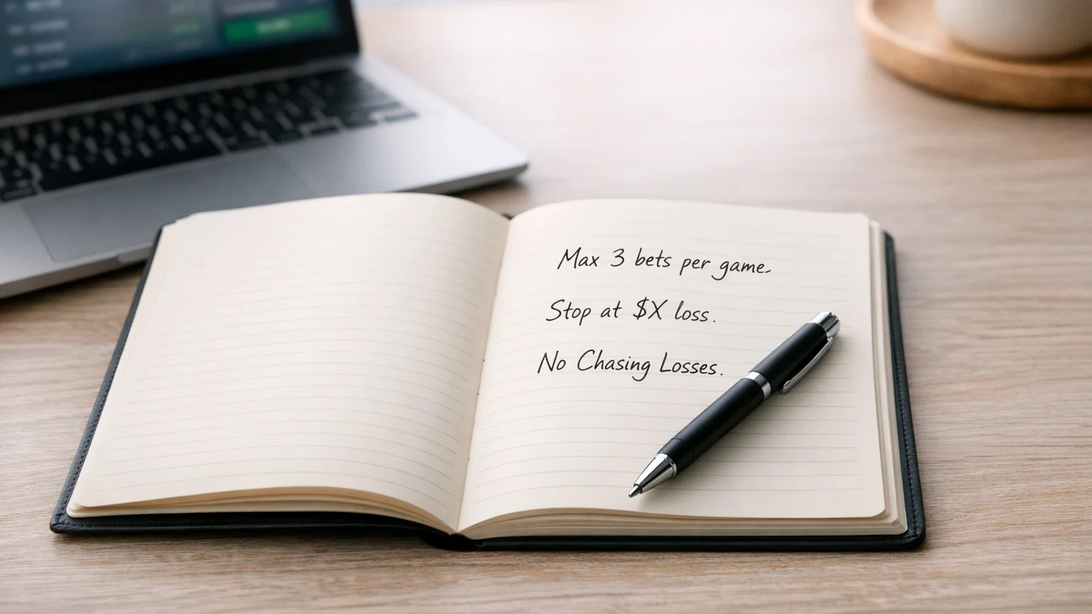 Notepad with betting limits and rules next to laptop showing sportsbook