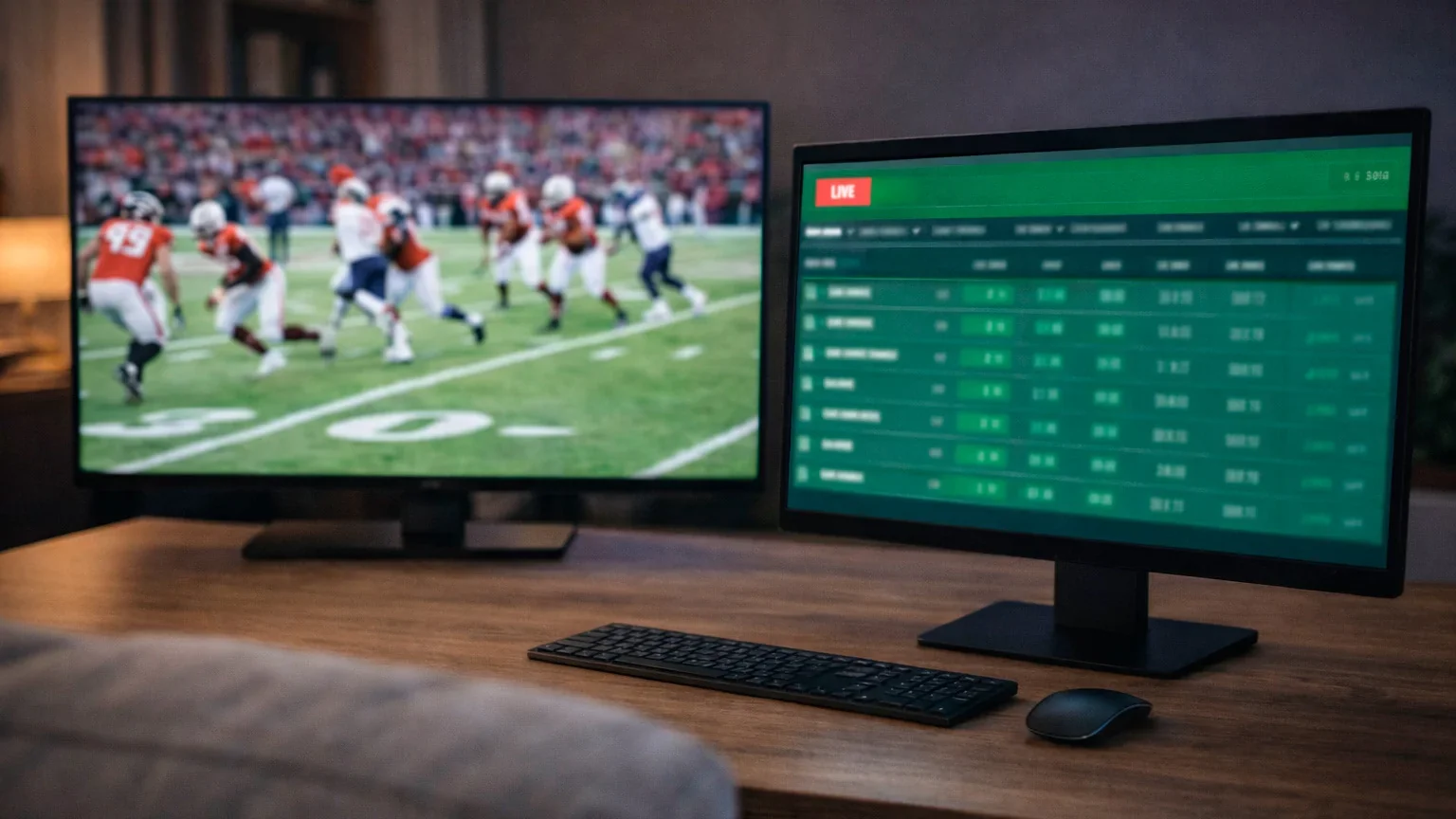 Split screen showing NFL game action and live betting markets board