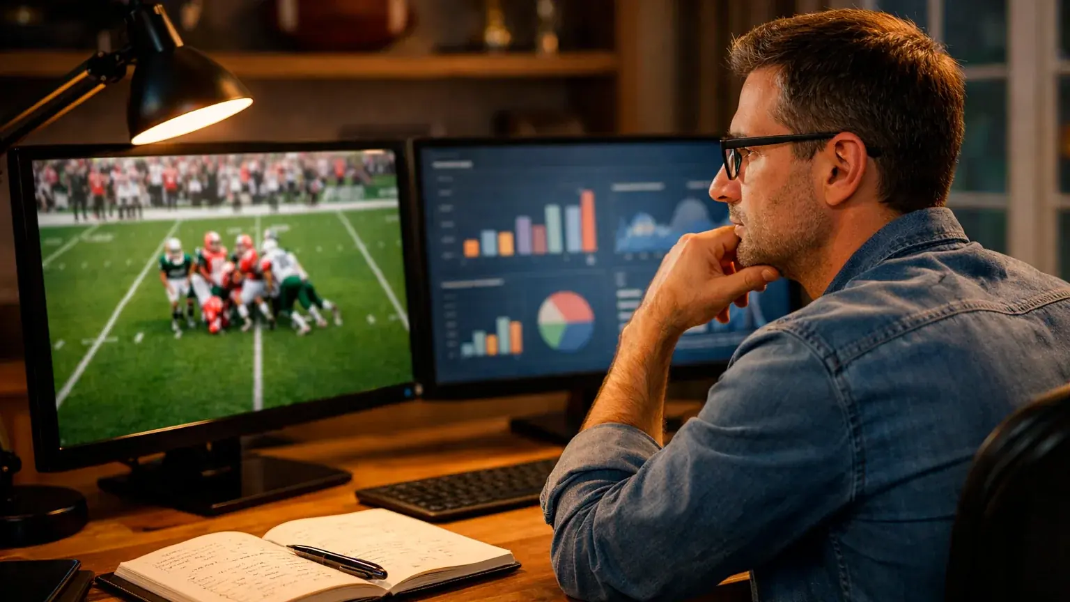 Analyst watching NFL replay on multiple screens analyzing game momentum