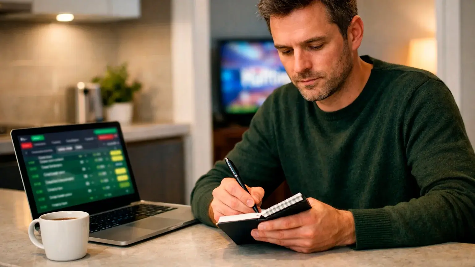 Bettor taking notes during halftime while reviewing second-half odds