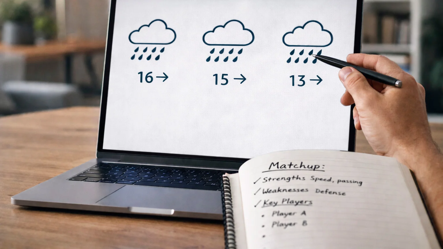 Sports analyst reviewing matchup data and weather forecast for prop betting