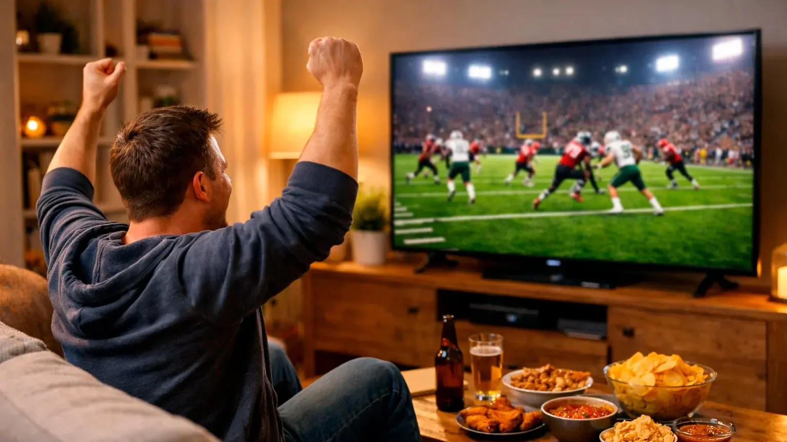 Person celebrating while watching NFL game on television