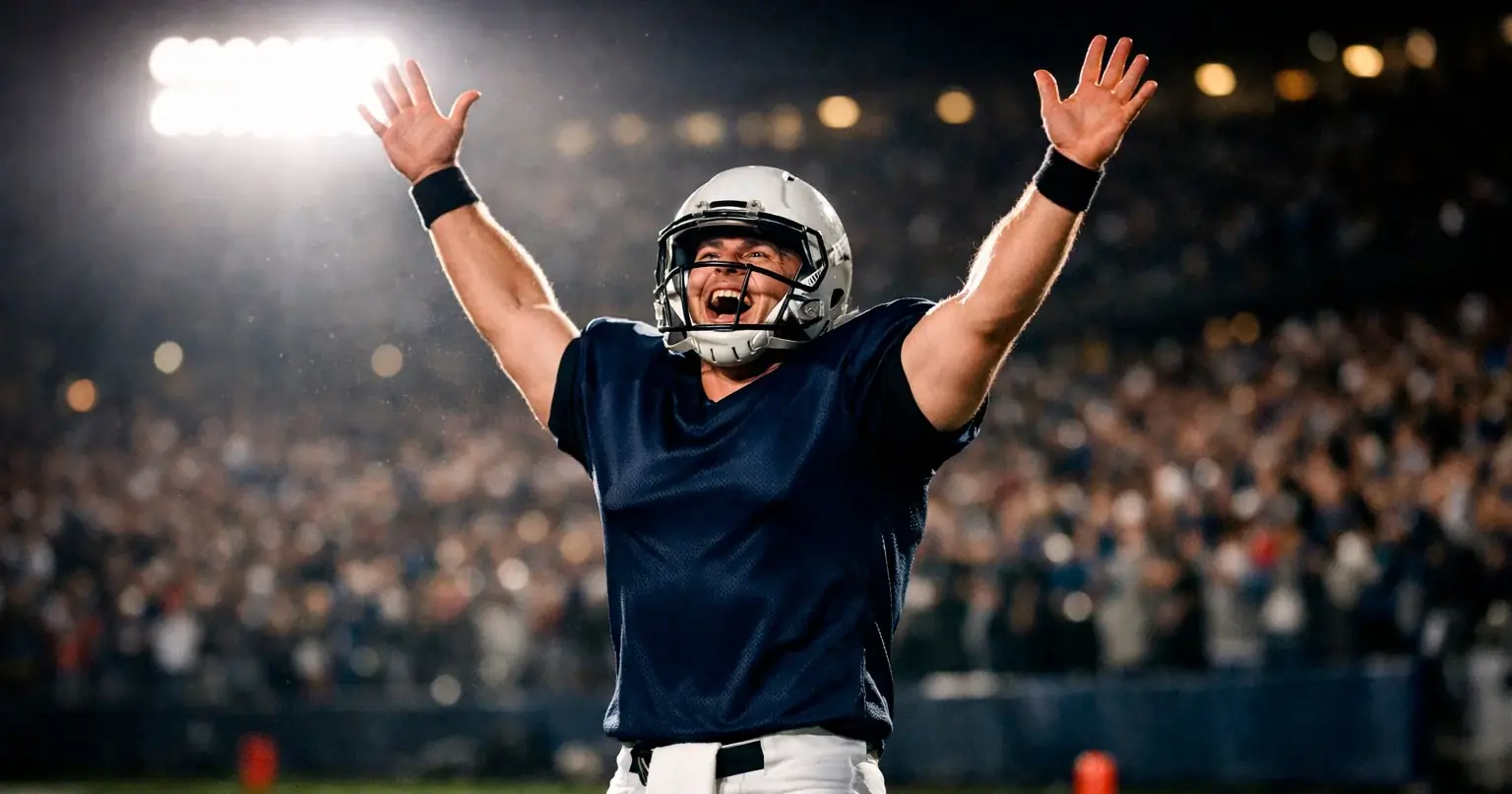 Football quarterback celebrating touchdown pass in the end zone