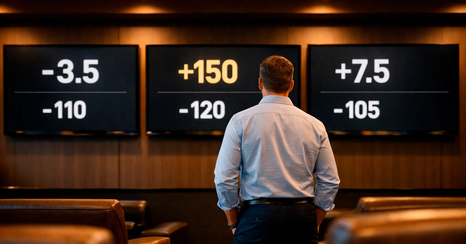 Sports betting odds board showing point spreads and moneylines