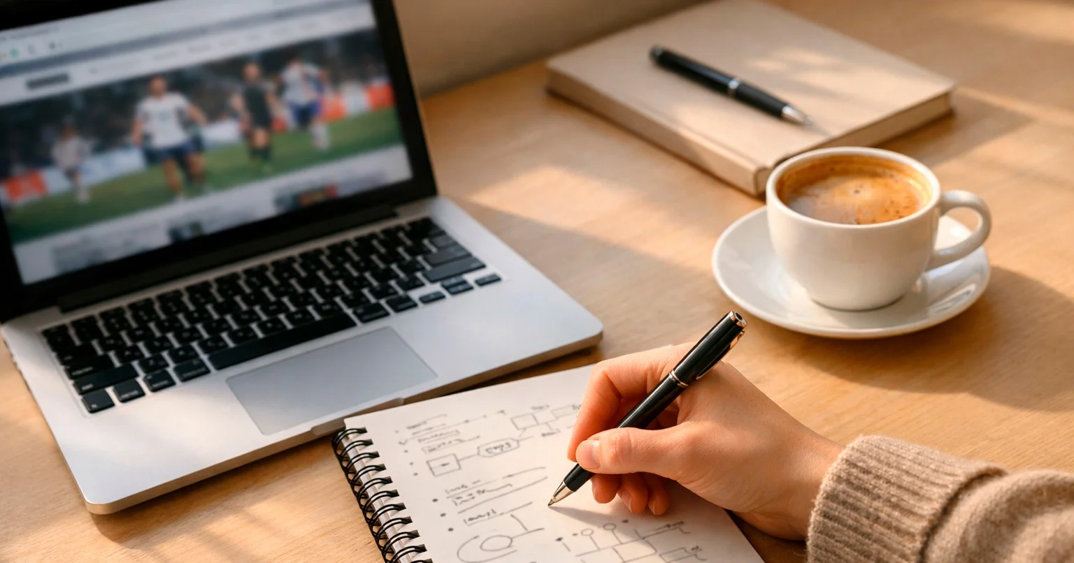 Sports bettor writing strategy notes in notebook with laptop